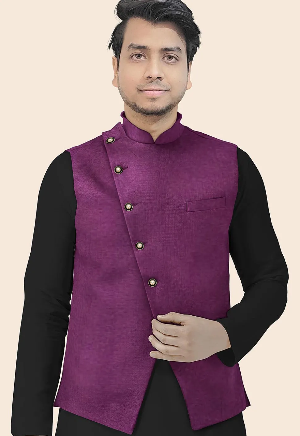 Solid Color Velvet Nehru Jacket in Dark Purple