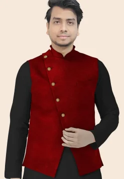 Solid Color Velvet Nehru Jacket in Maroon