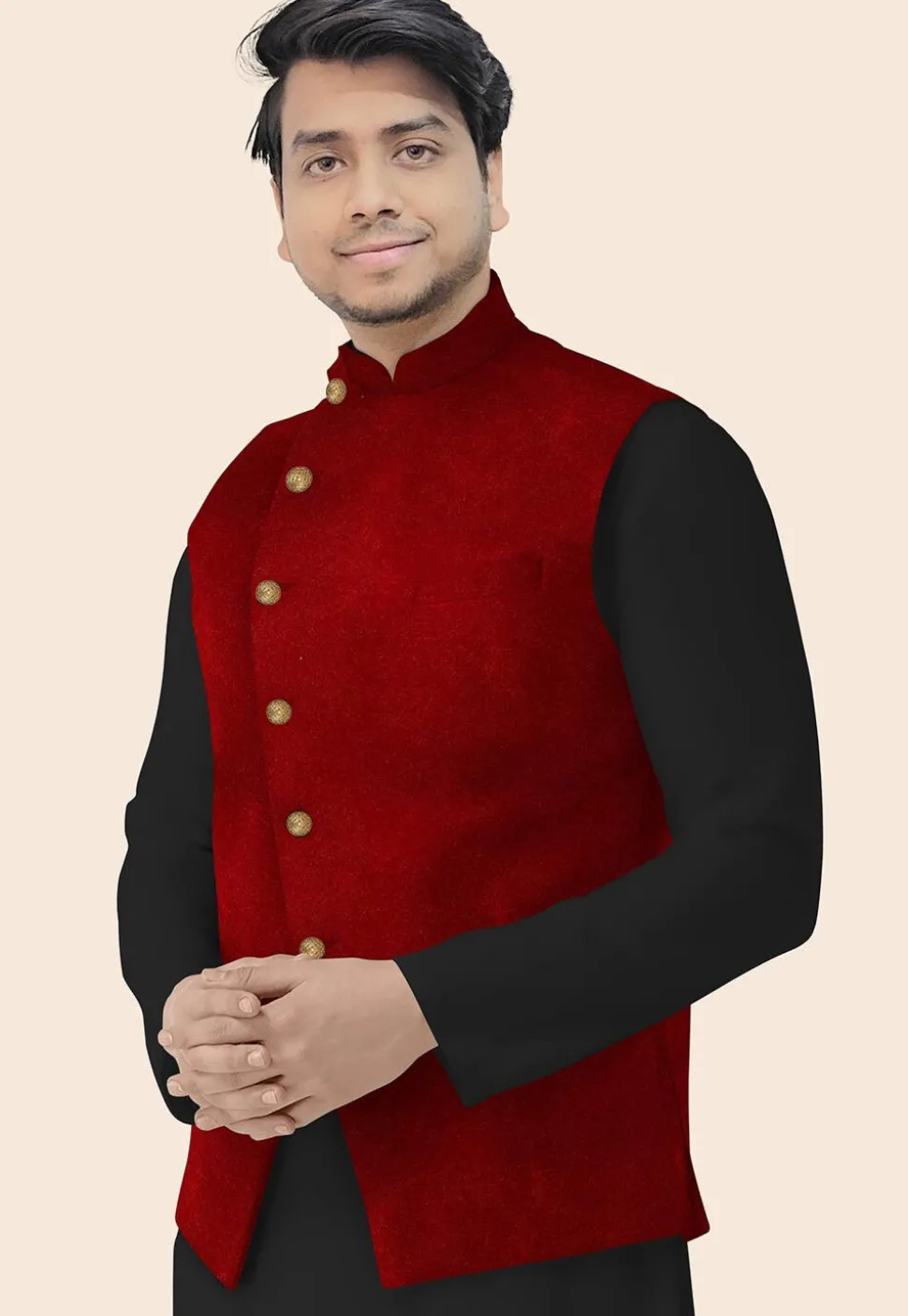 Solid Color Velvet Nehru Jacket in Maroon