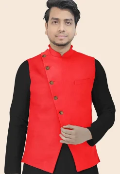 Solid Color Velvet Nehru Jacket in Red