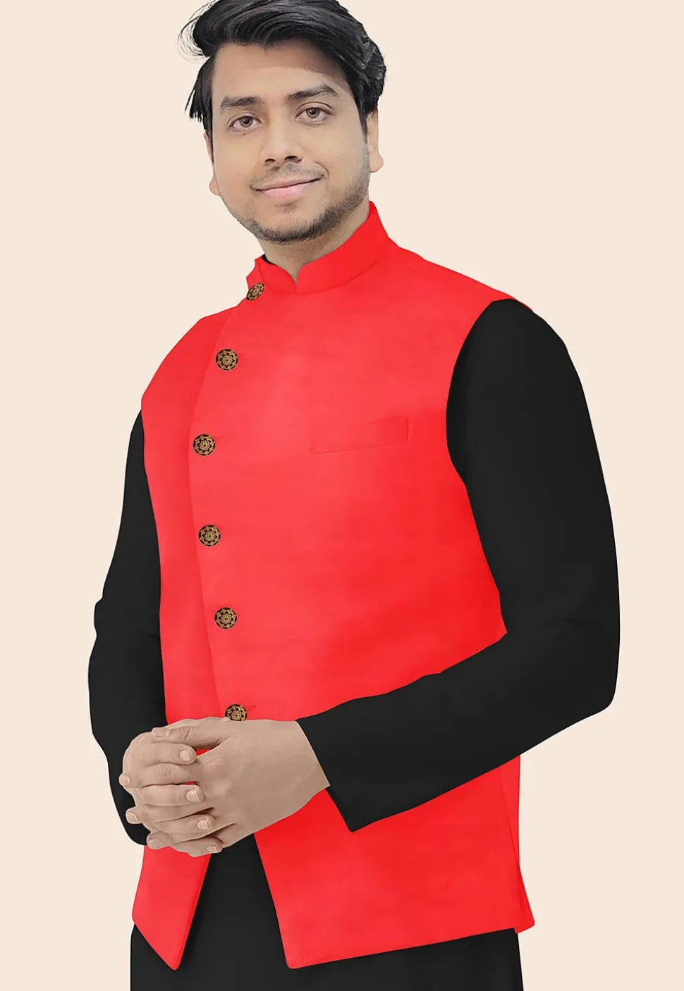 Solid Color Velvet Nehru Jacket in Red