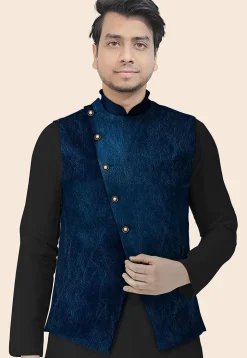 Solid Color Velvet Nehru Jacket in Navy Blue