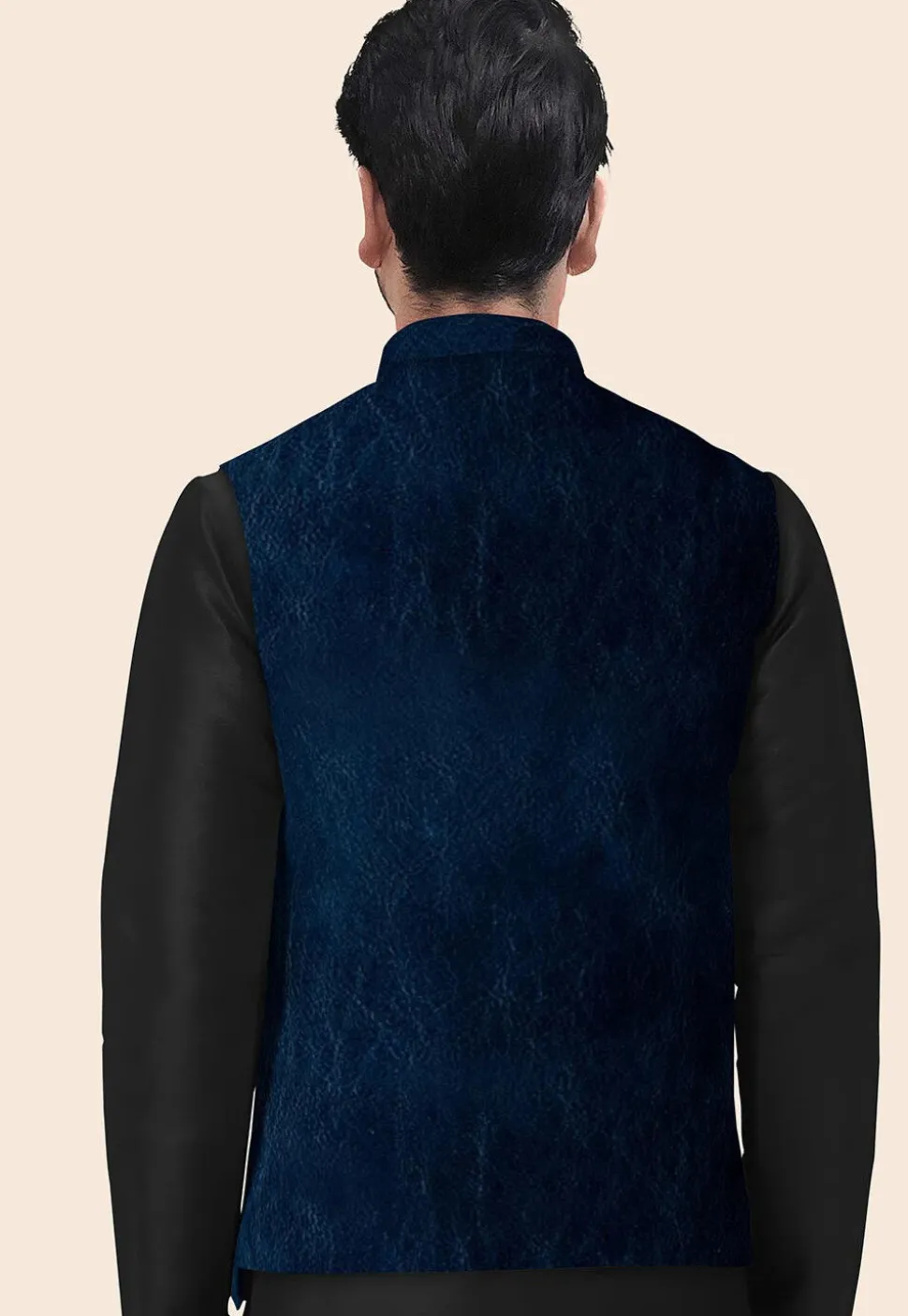 Solid Color Velvet Nehru Jacket in Navy Blue