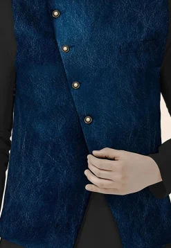 Solid Color Velvet Nehru Jacket in Navy Blue
