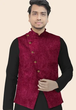 Solid Color Velvet Nehru Jacket in Maroon