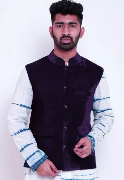 Solid Color Velvet Nehru Jacket in Dark Purple