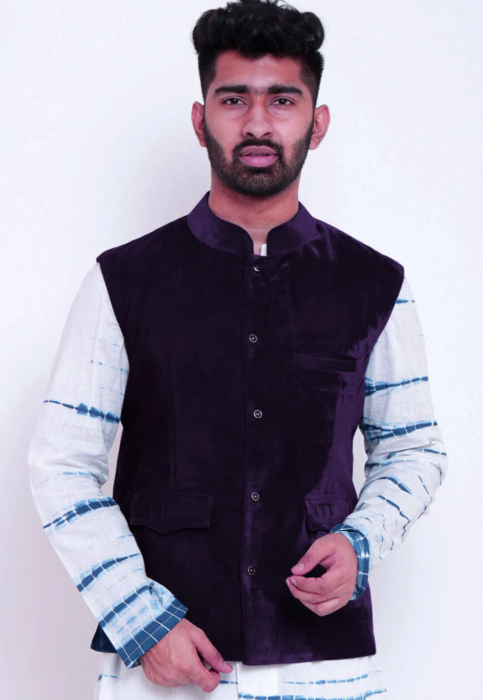 Solid Color Velvet Nehru Jacket in Dark Purple