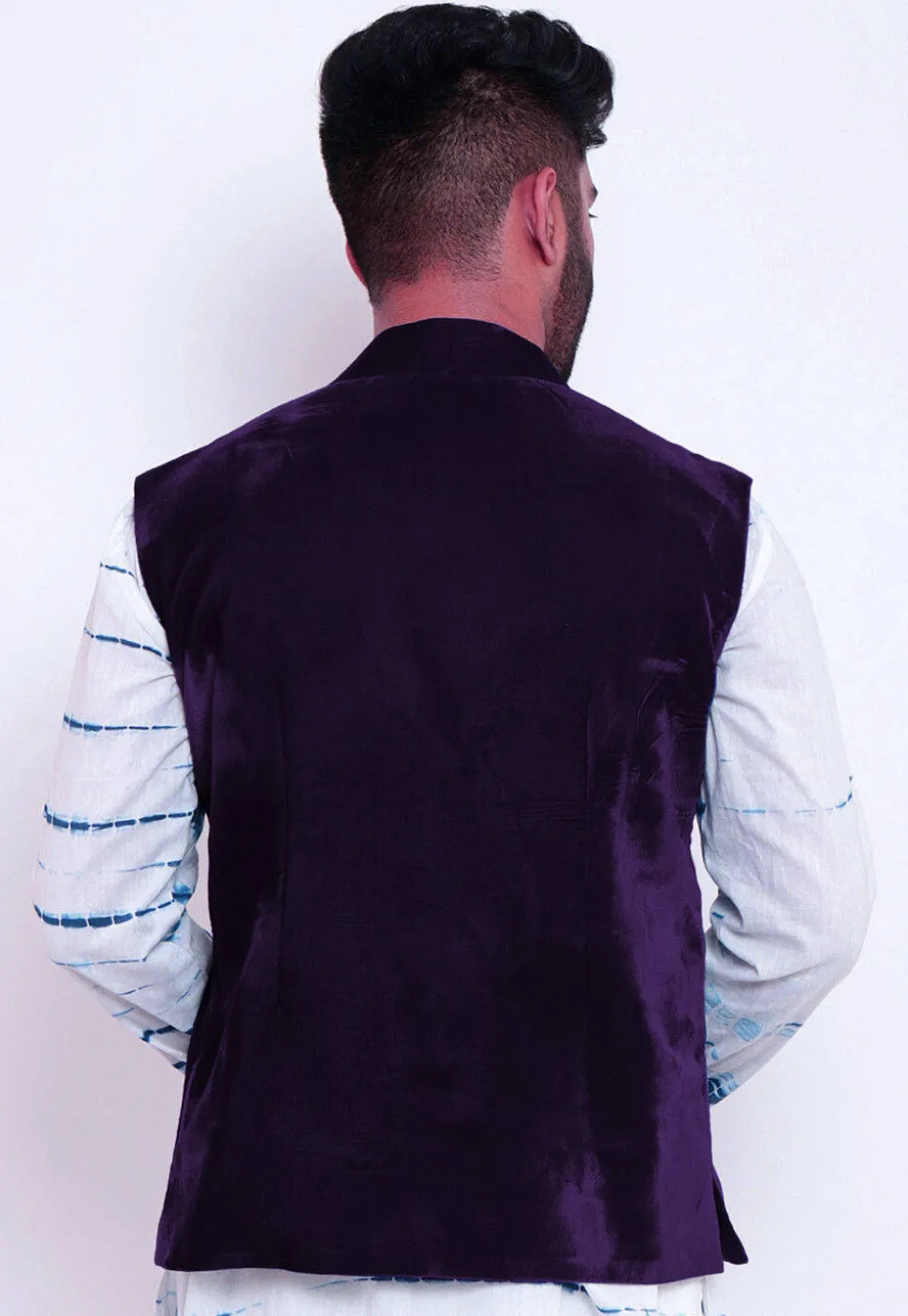 Solid Color Velvet Nehru Jacket in Dark Purple