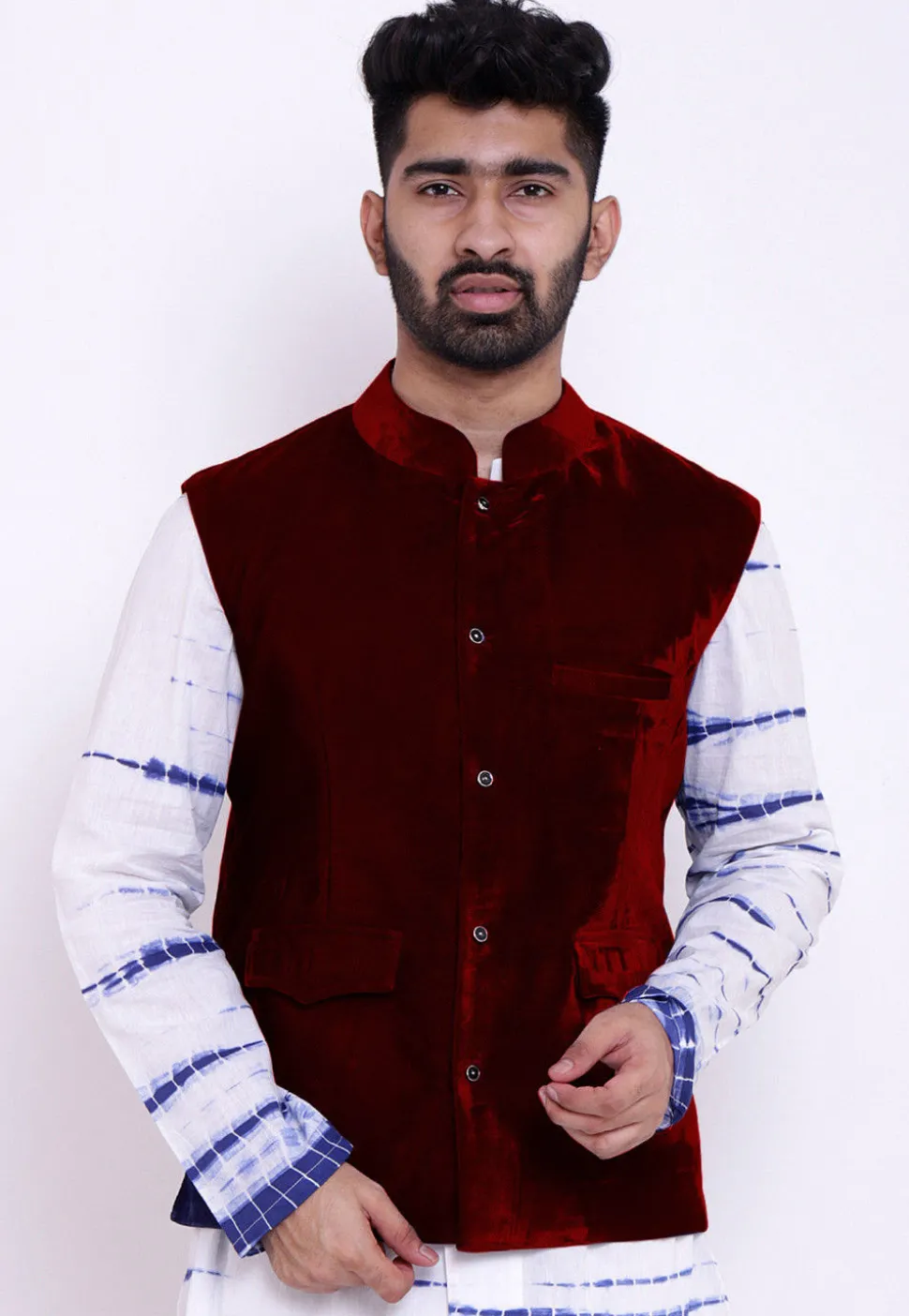 Solid Color Velvet Nehru Jacket in Maroon