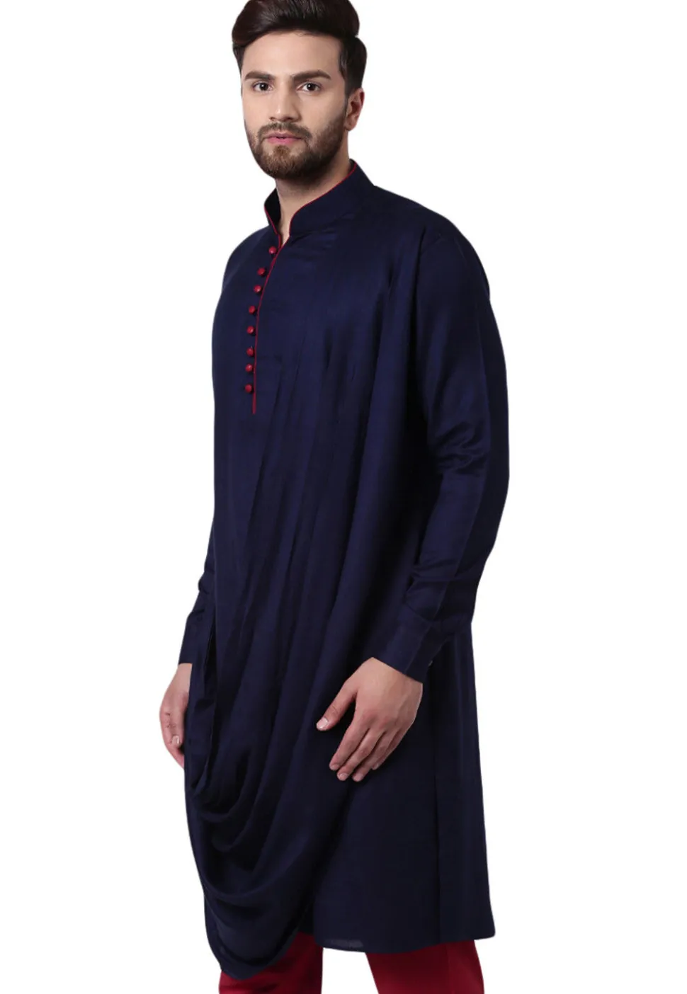 Solid Color Viscose Rayon Cowl Style Kurta in Navy Blue
