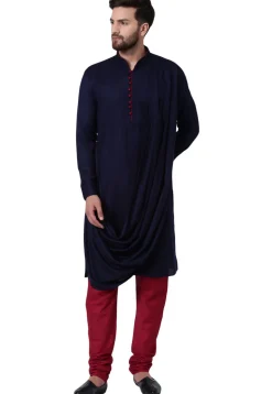 Solid Color Viscose Rayon Cowl Style Kurta in Navy Blue