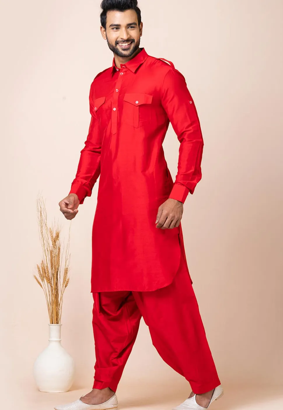 Solid Color Viscose Rayon Paithani Suit in Red