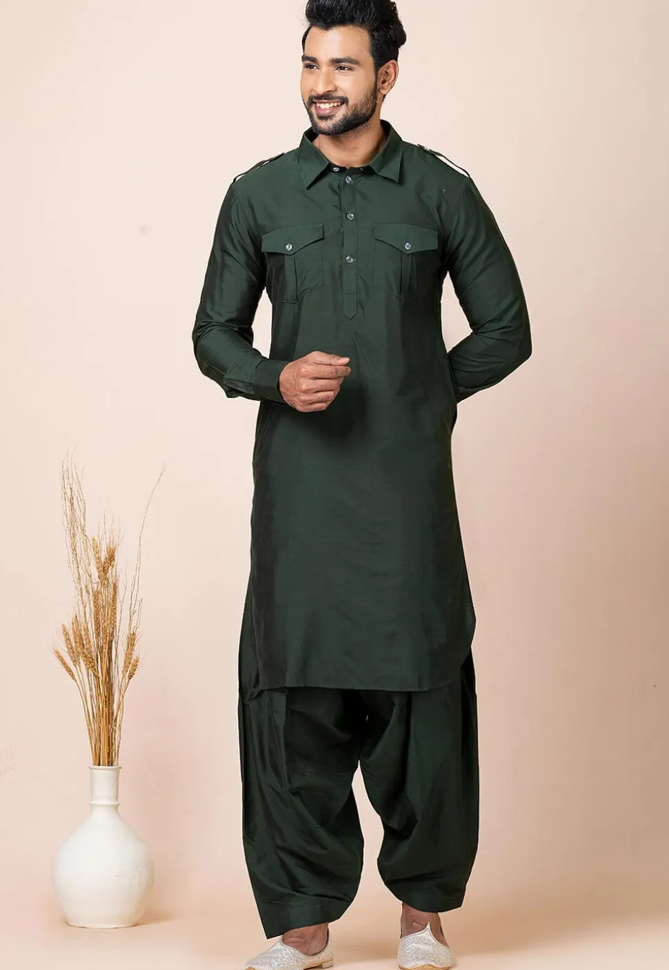 Solid Color Viscose Rayon Paithani Suit in Dark Green