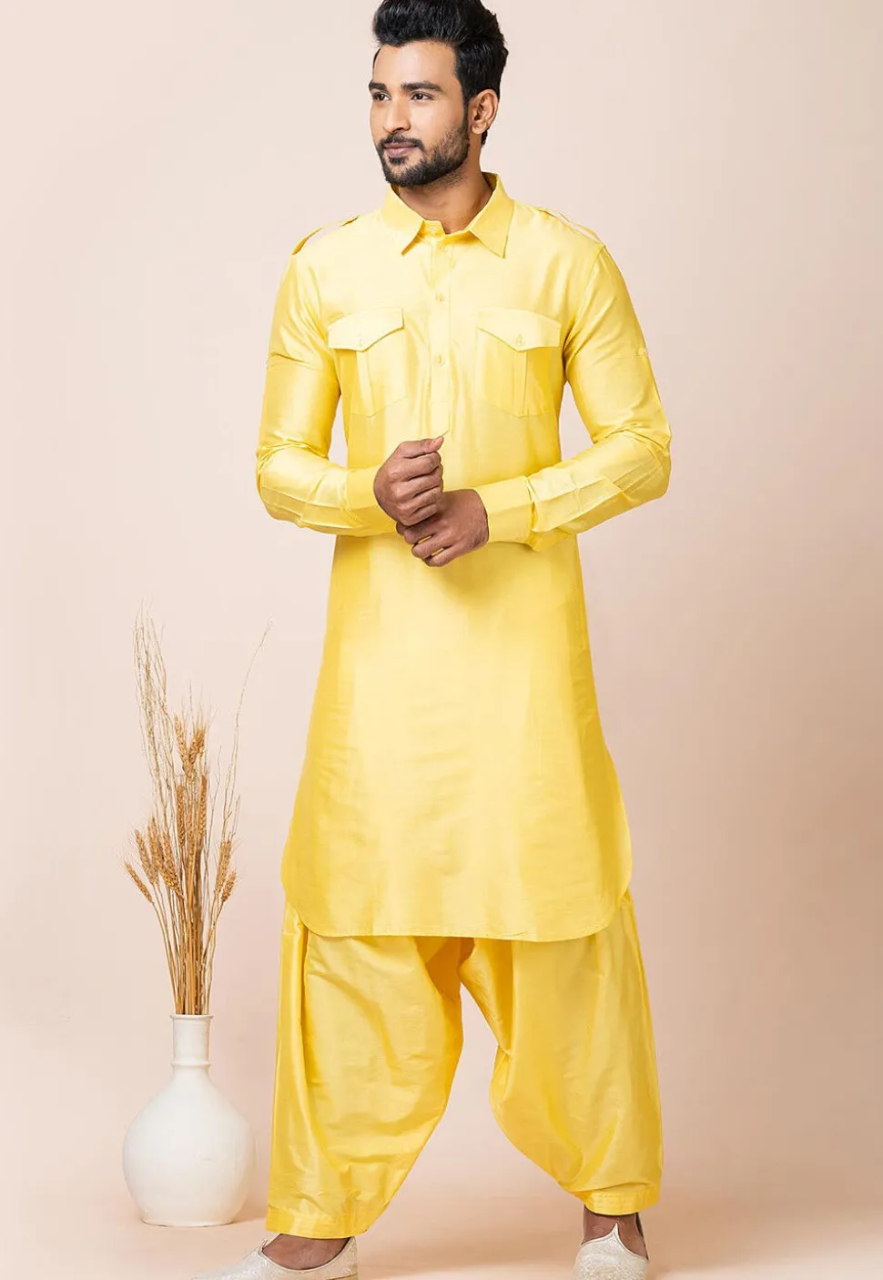 Solid Color Viscose Rayon Paithani Suit in Yellow