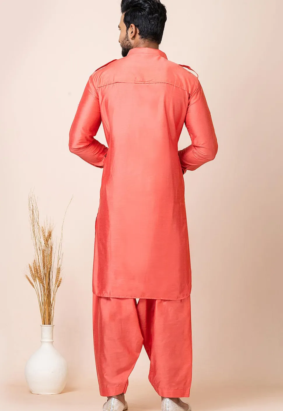 Solid Color Viscose Rayon Paithani Suit in Peach