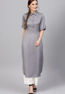 Solid Color Viscose Rayon Straight Kurta in Grey