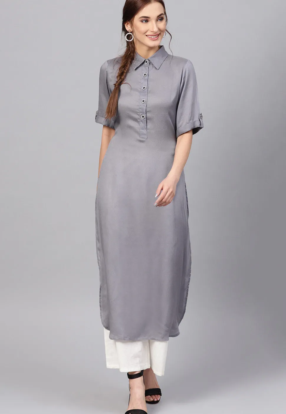 Solid Color Viscose Rayon Straight Kurta in Grey