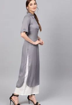 Solid Color Viscose Rayon Straight Kurta in Grey