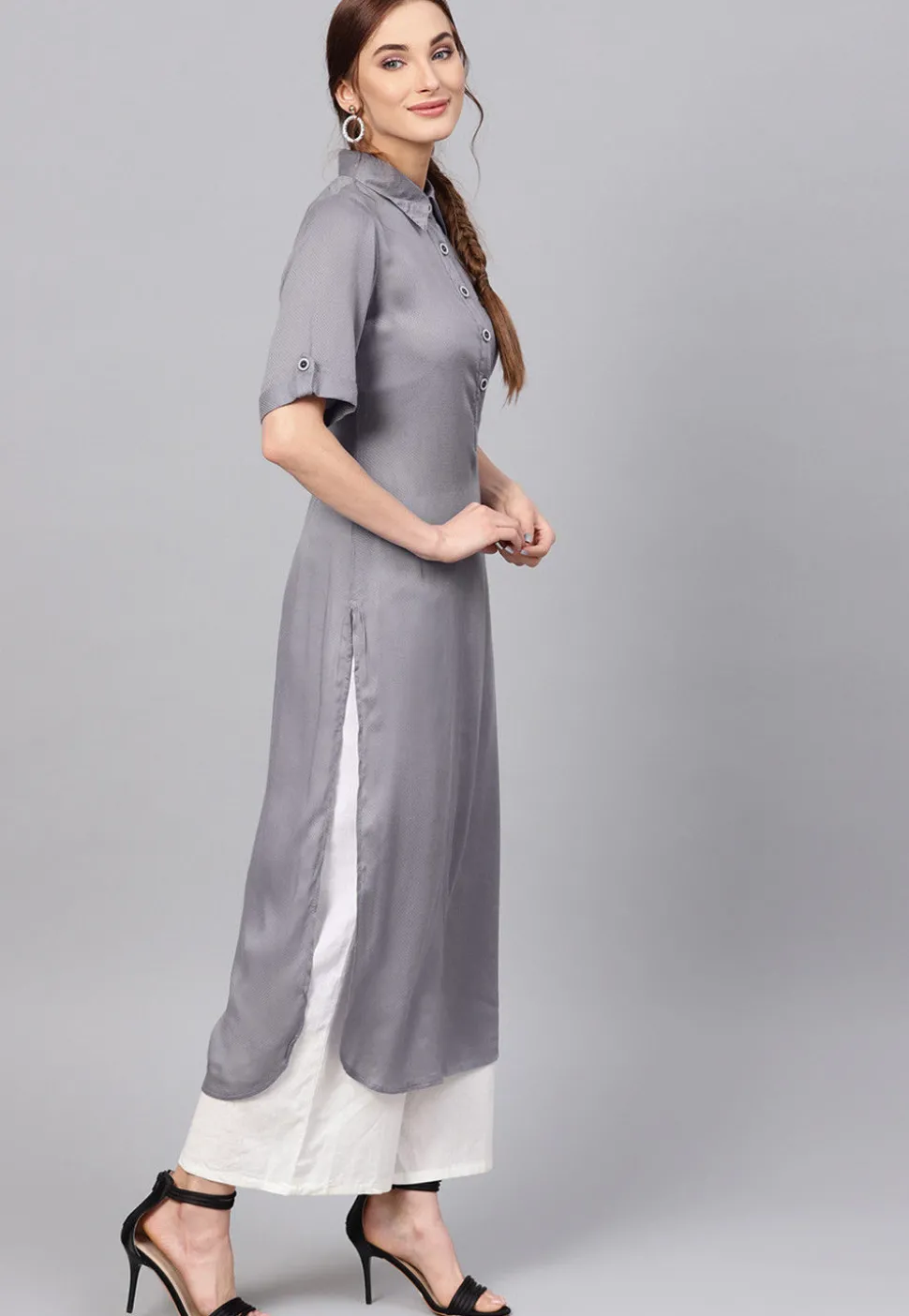 Solid Color Viscose Rayon Straight Kurta in Grey