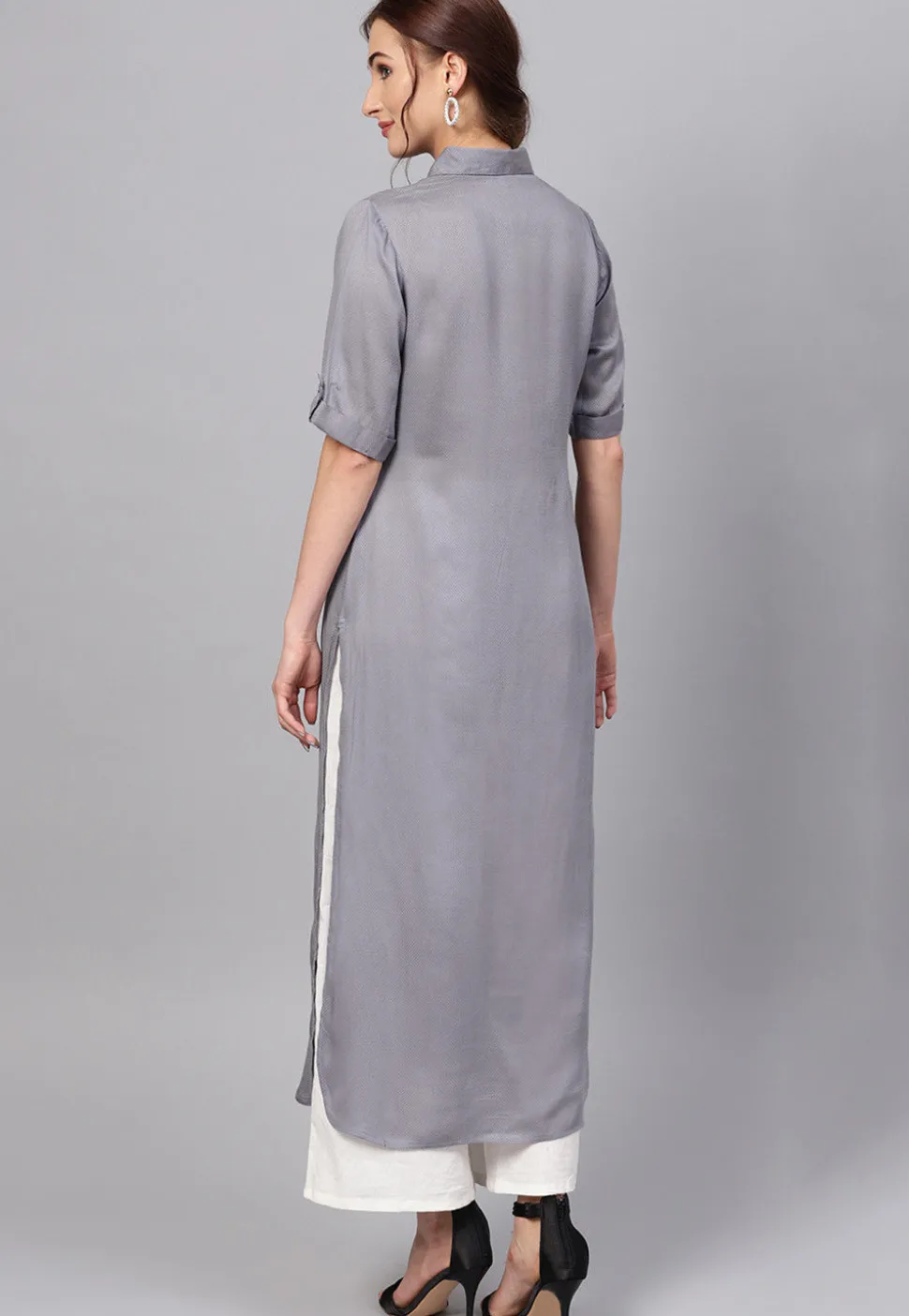 Solid Color Viscose Rayon Straight Kurta in Grey