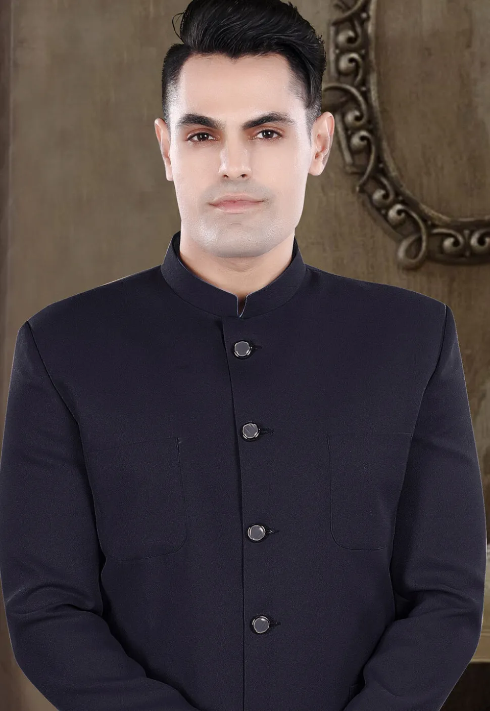 Solid Color Viscose Silk Jodhpuri Suit in Navy Blue