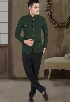 Solid Color Viscose Silk Jodhpuri Suit in Dark Green