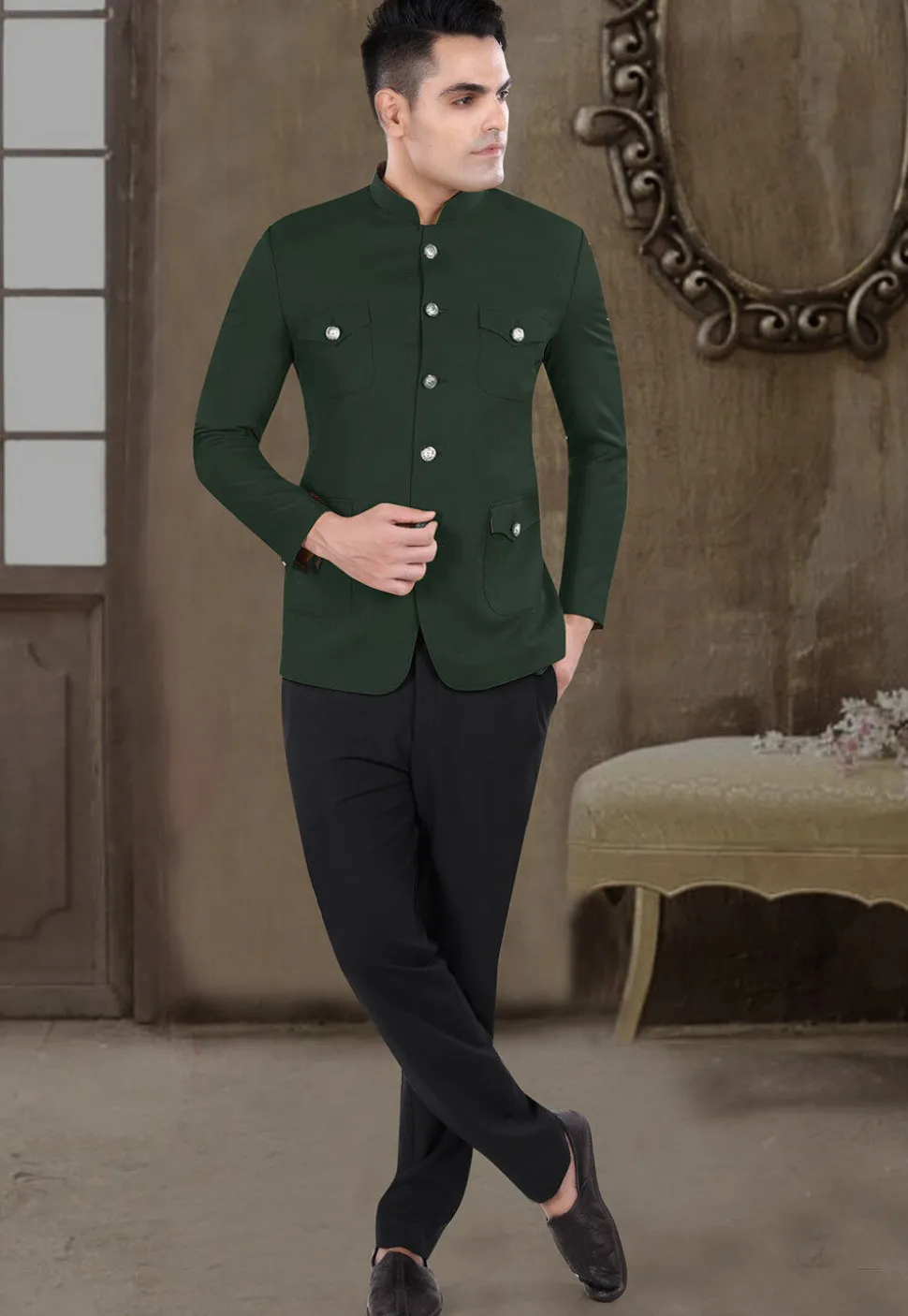 Solid Color Viscose Silk Jodhpuri Suit in Dark Green
