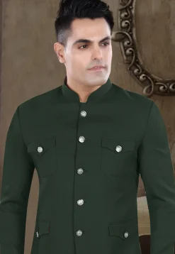 Solid Color Viscose Silk Jodhpuri Suit in Dark Green