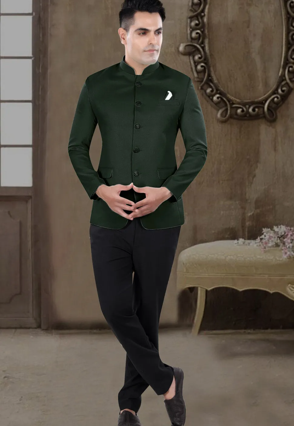 Solid Color Viscose Silk Jodhpuri Suit in Dark Green
