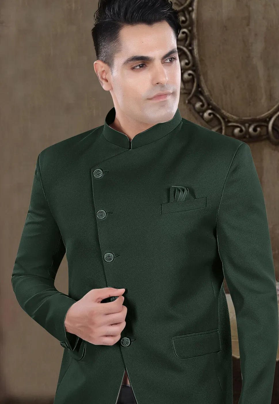 Solid Color Viscose Silk Jodhpuri Suit in Dark Green