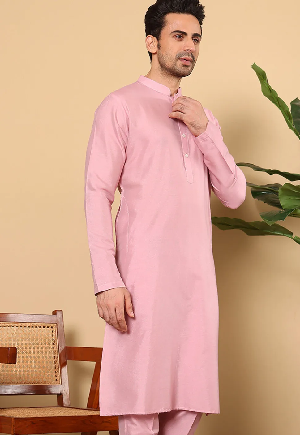 Solid Color Viscose Silk Kurta in Pink