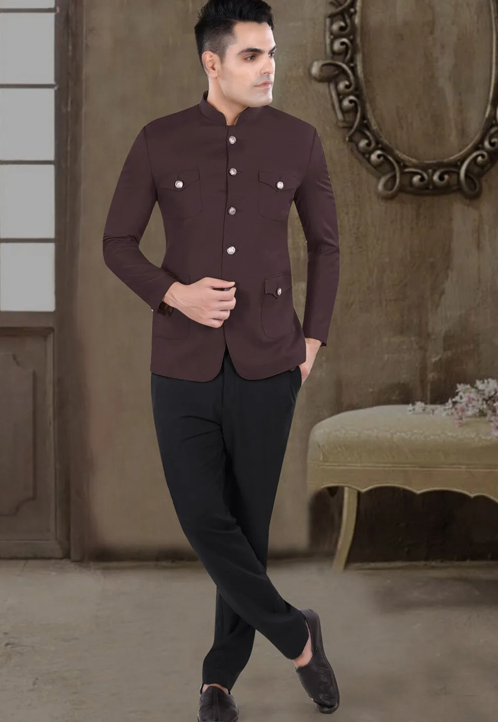Solid Color Viscose Silk Jodhpuri Suit in Wine