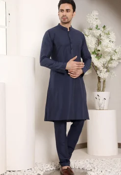 Solid Color Viscose Silk Kurta Set in Navy Blue