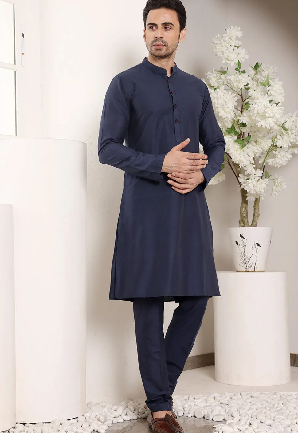 Solid Color Viscose Silk Kurta Set in Navy Blue