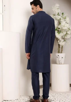 Solid Color Viscose Silk Kurta Set in Navy Blue