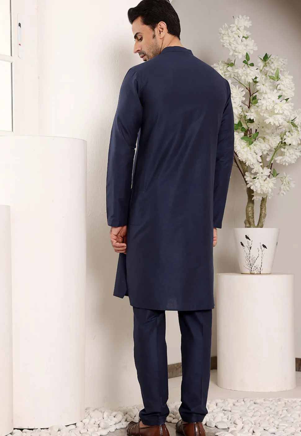 Solid Color Viscose Silk Kurta Set in Navy Blue