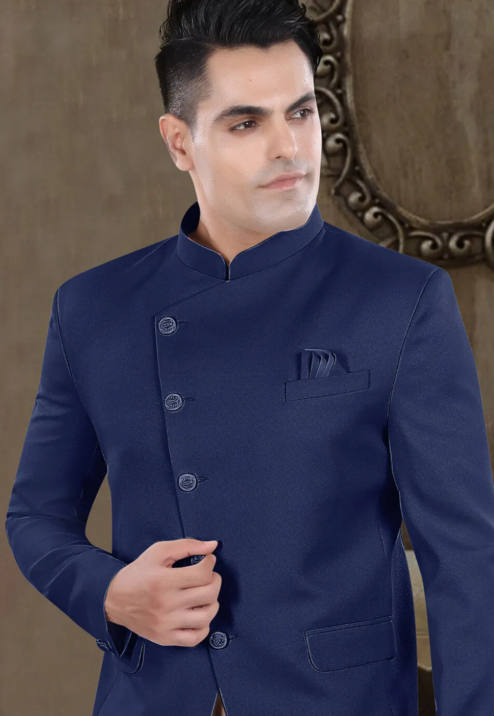 Solid Color Viscose Silk Jodhpuri Suit in Navy Blue