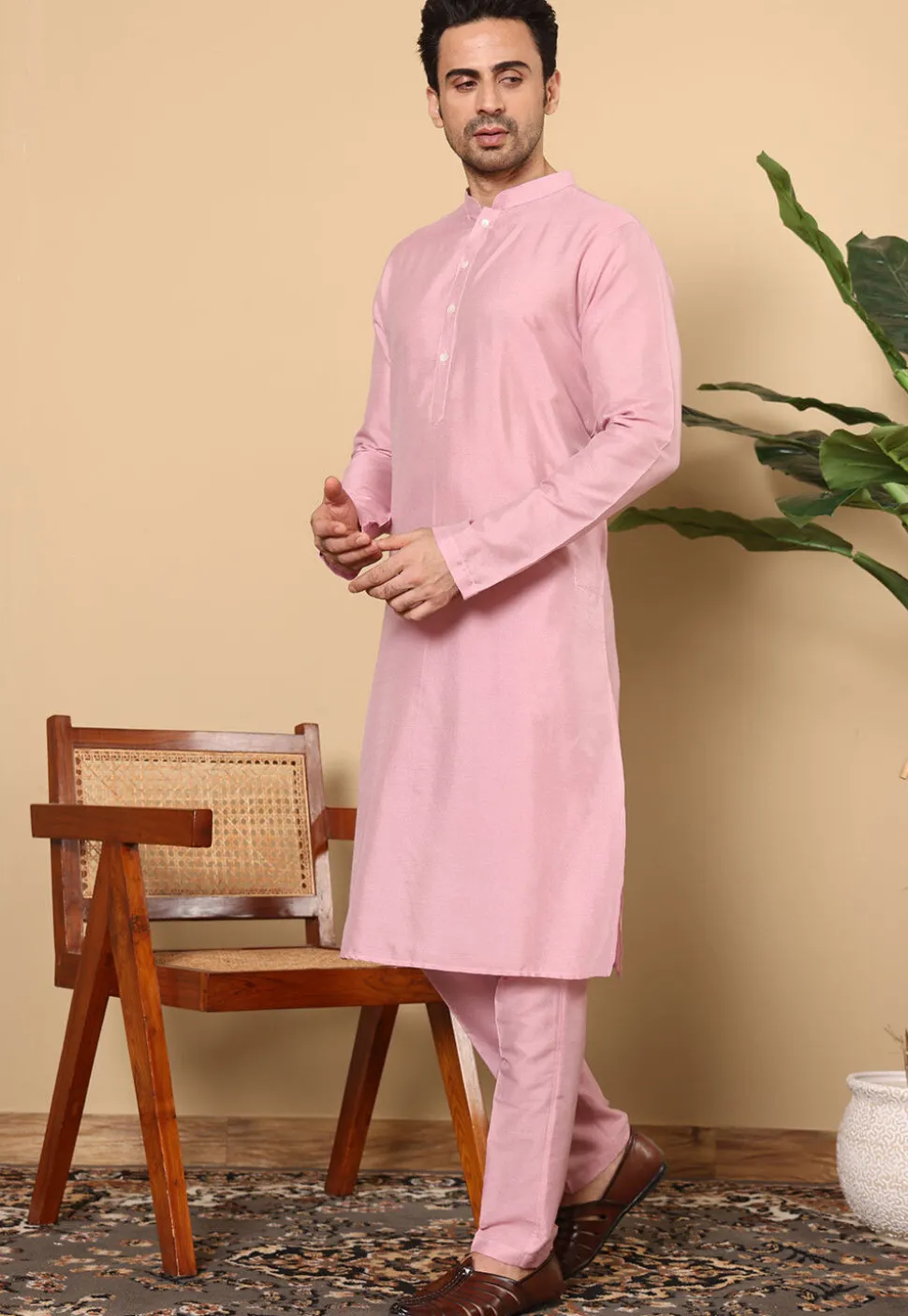 Solid Color Viscose Silk Kurta Set in Pink