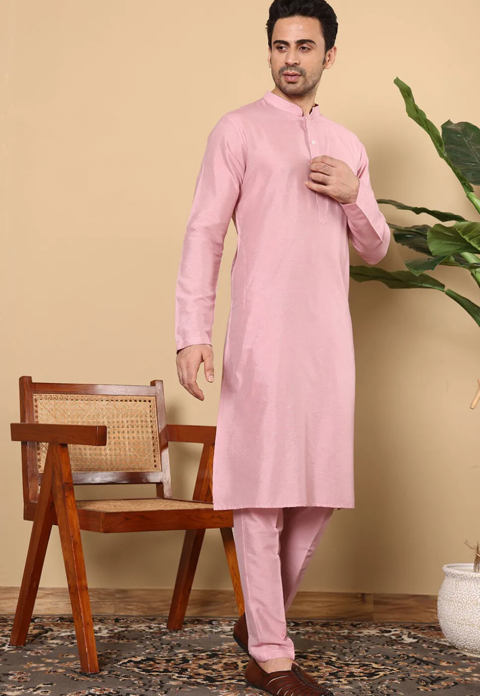 Solid Color Viscose Silk Kurta Set in Pink