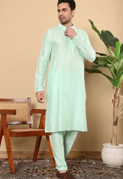 Solid Color Viscose Silk Kurta Set in Sea Green
