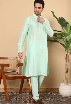 Solid Color Viscose Silk Kurta Set in Sea Green