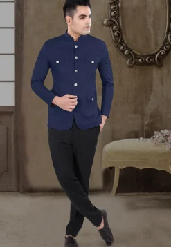 Solid Color Viscose Silk Jodhpuri Suit in Navy Blue