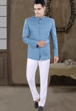 Solid Color Viscose Silk Jodhpuri Suit in Light Blue