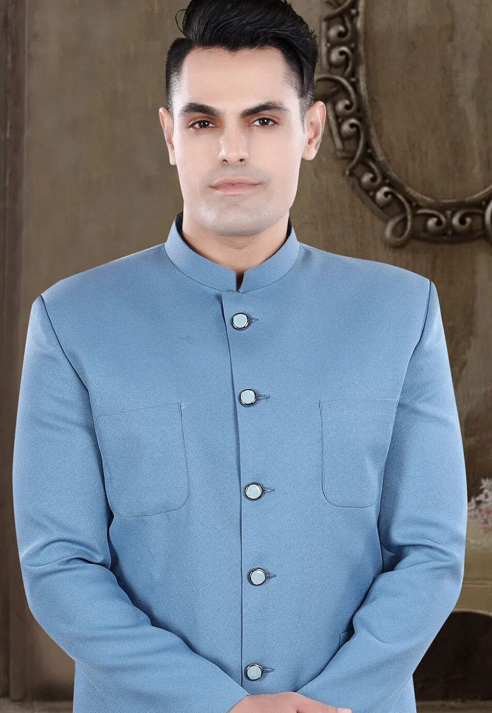Solid Color Viscose Silk Jodhpuri Suit in Light Blue