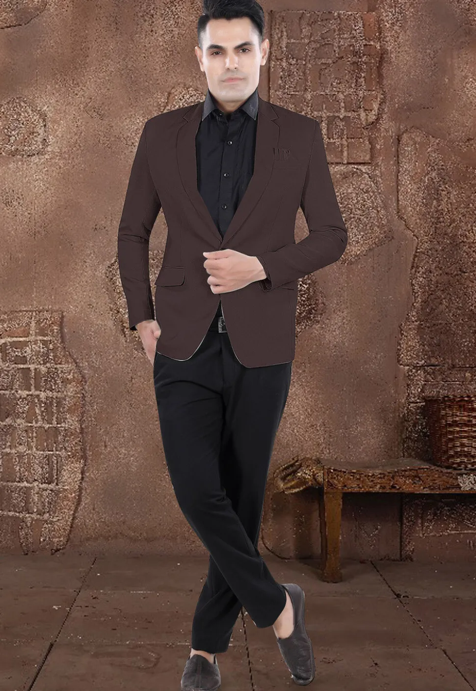 Solid Color Viscose Silk Blazer in Brown