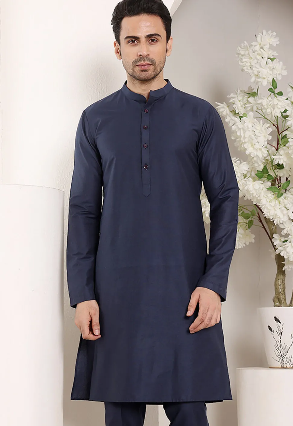 Solid Color Viscose Silk Kurta in Navy Blue