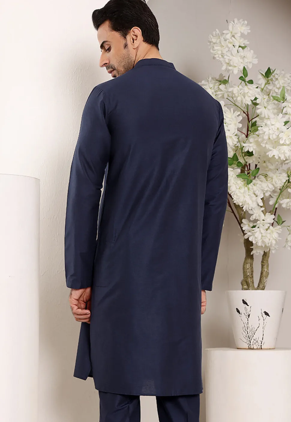 Solid Color Viscose Silk Kurta in Navy Blue