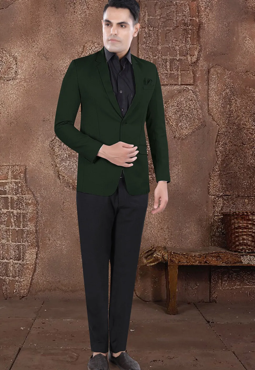 Solid Color Viscose Silk Blazer in Dark Green