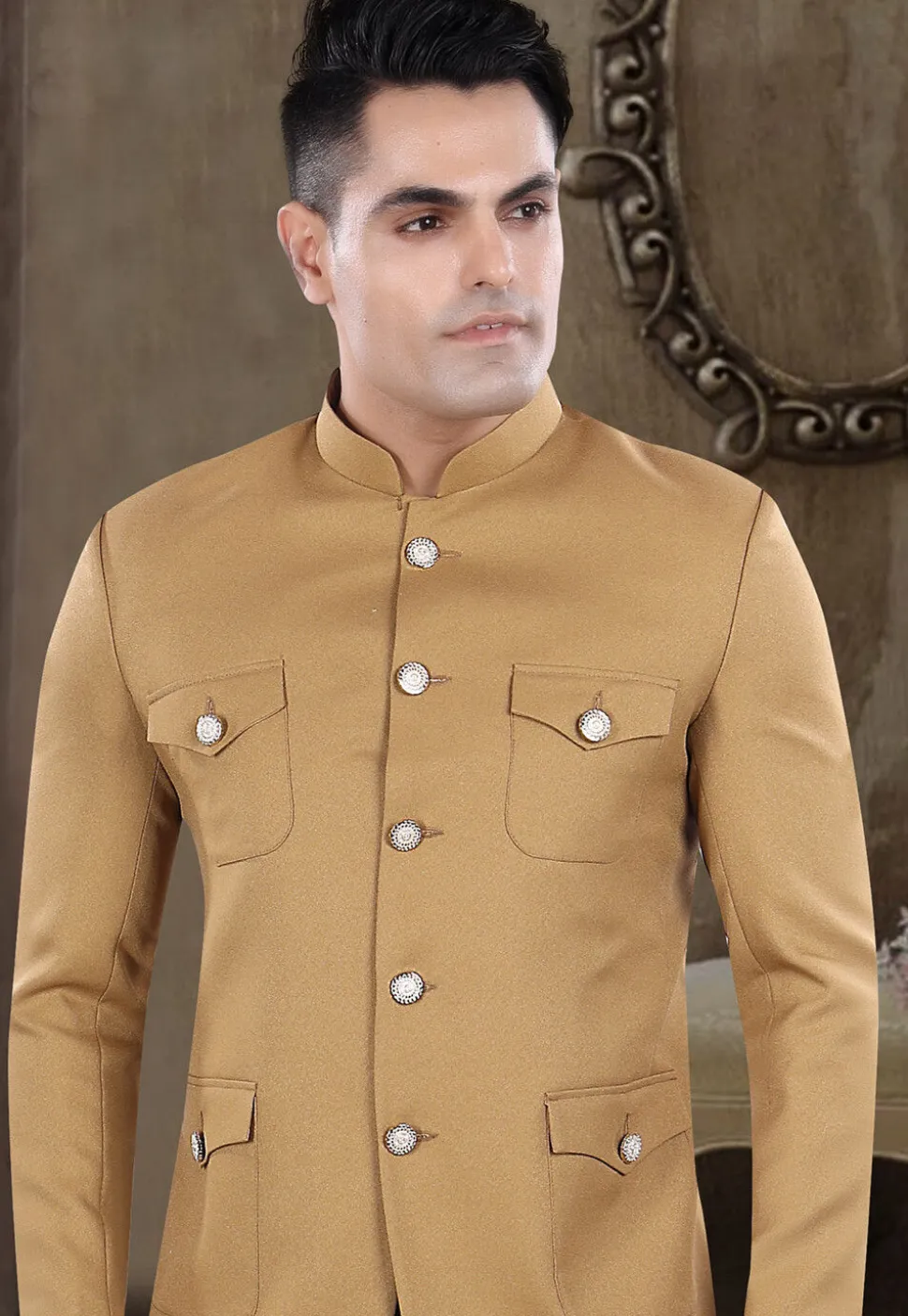 Solid Color Viscose Silk Jodhpuri Suit in Beige