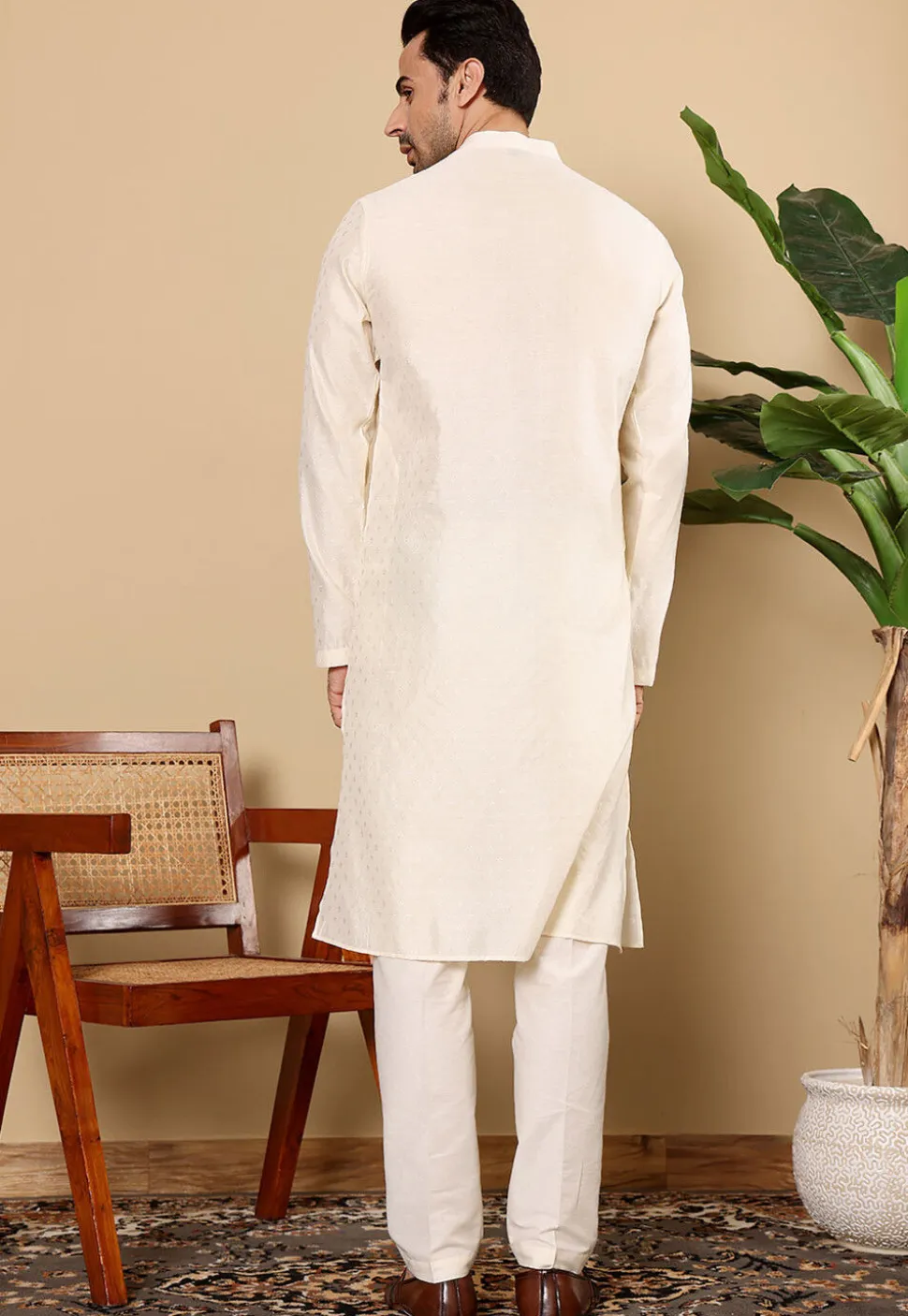 Solid Color Viscose Silk Kurta Set in Off White